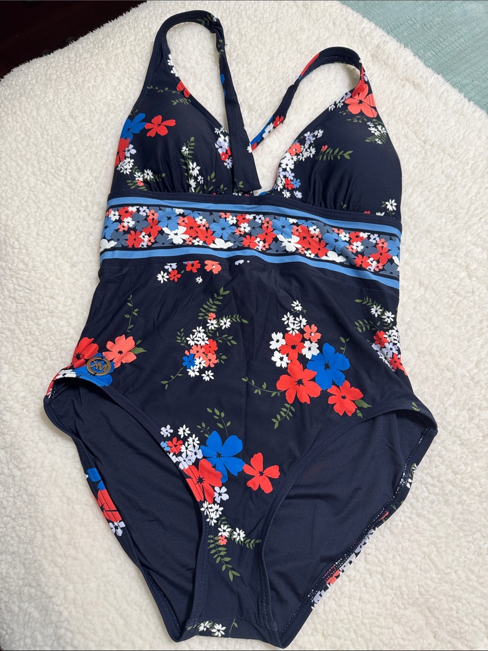 Michael Kors Navy One-Piece Swimsuit with Red & Blue Floral Print